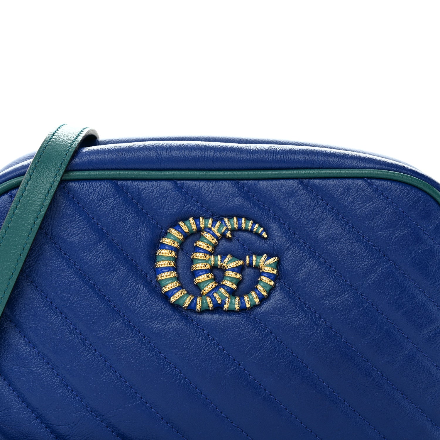 Gucci Azalea Calfskin Enamel Matelasse Diagonal Small Torchon GG Marmont Chain Shoulder Bag Imperial Blue Pavone 8 of 11