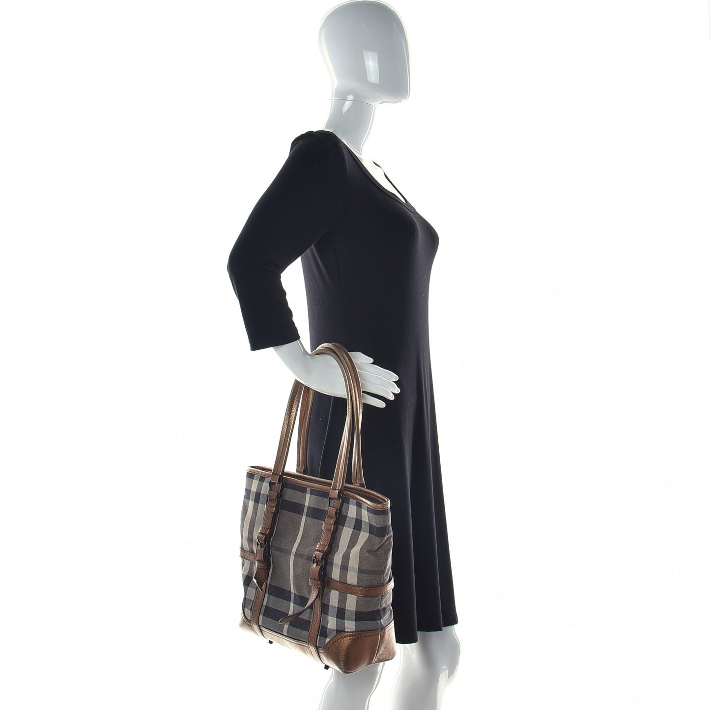 Metallic Calfskin House Check Tote Bronze