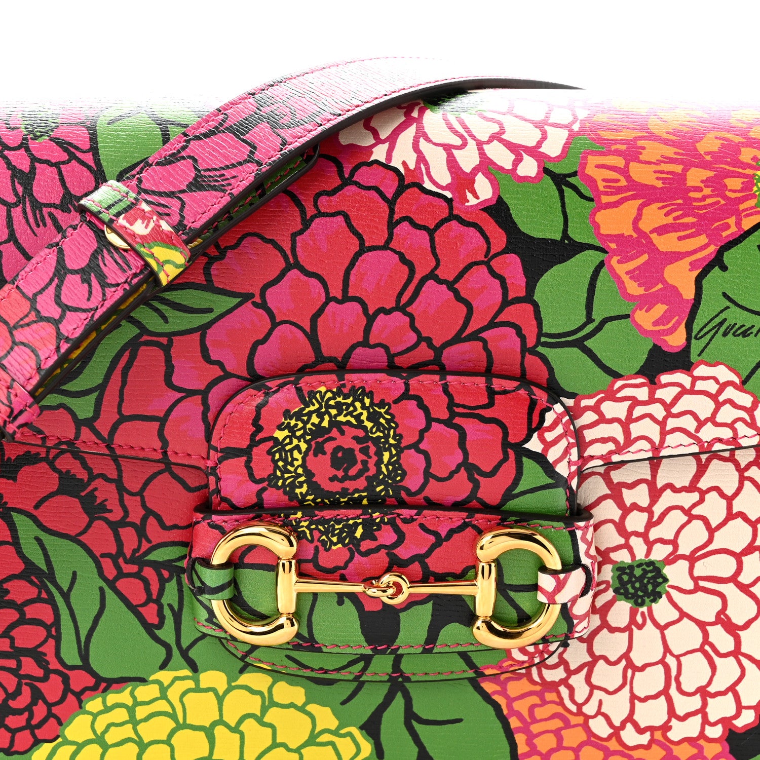 Gucci X KEN SCOTT New Shangai Calfskin Pomponica Print Horsebit 1955 Shoulder Bag  Multicolor Fuxia Pompon 8 of 10
