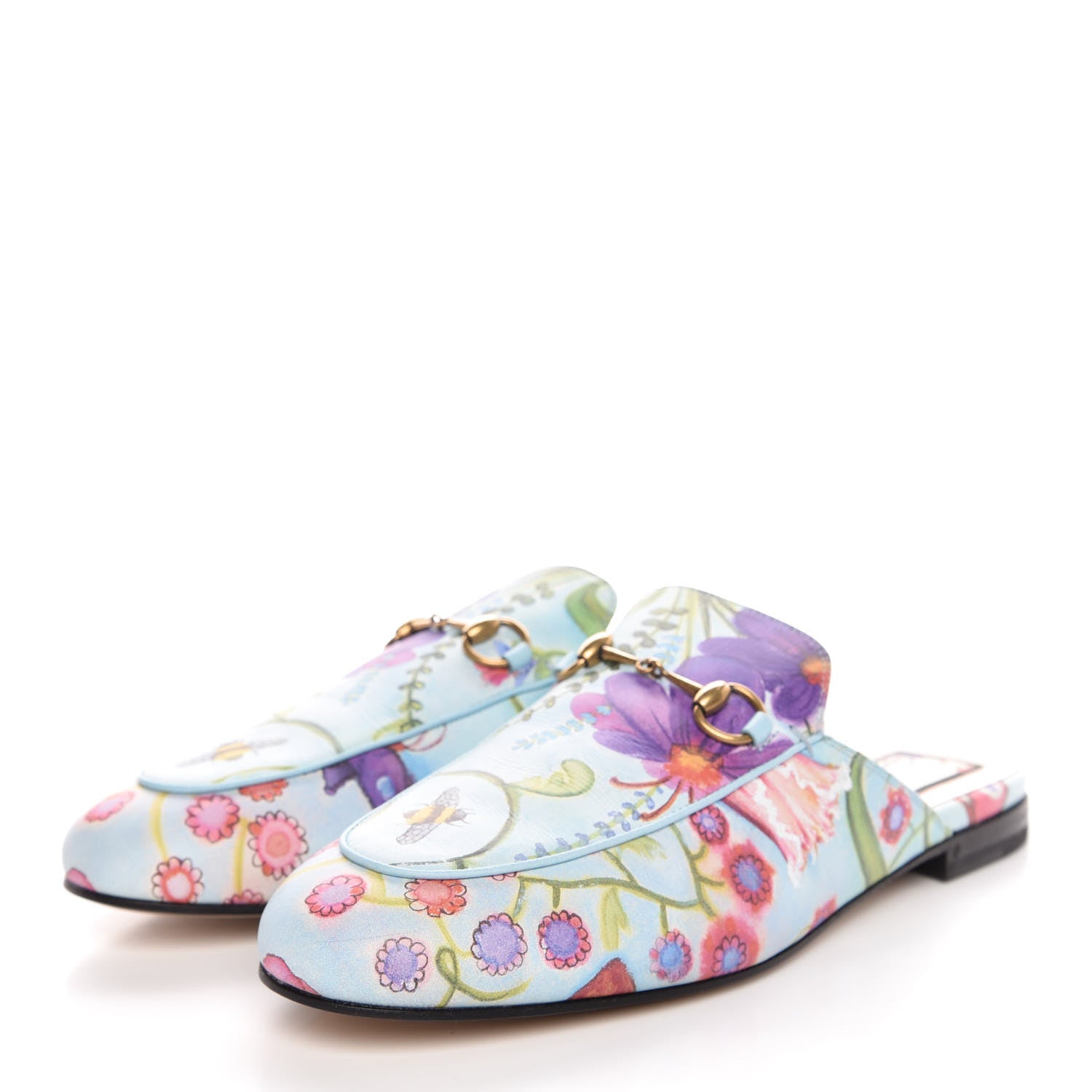 Gucci X UNSKILLED WORKER Calfskin Flora Painted Womens Princetown Slippers 40 Cloudy Blue Multicolor 3 of 11