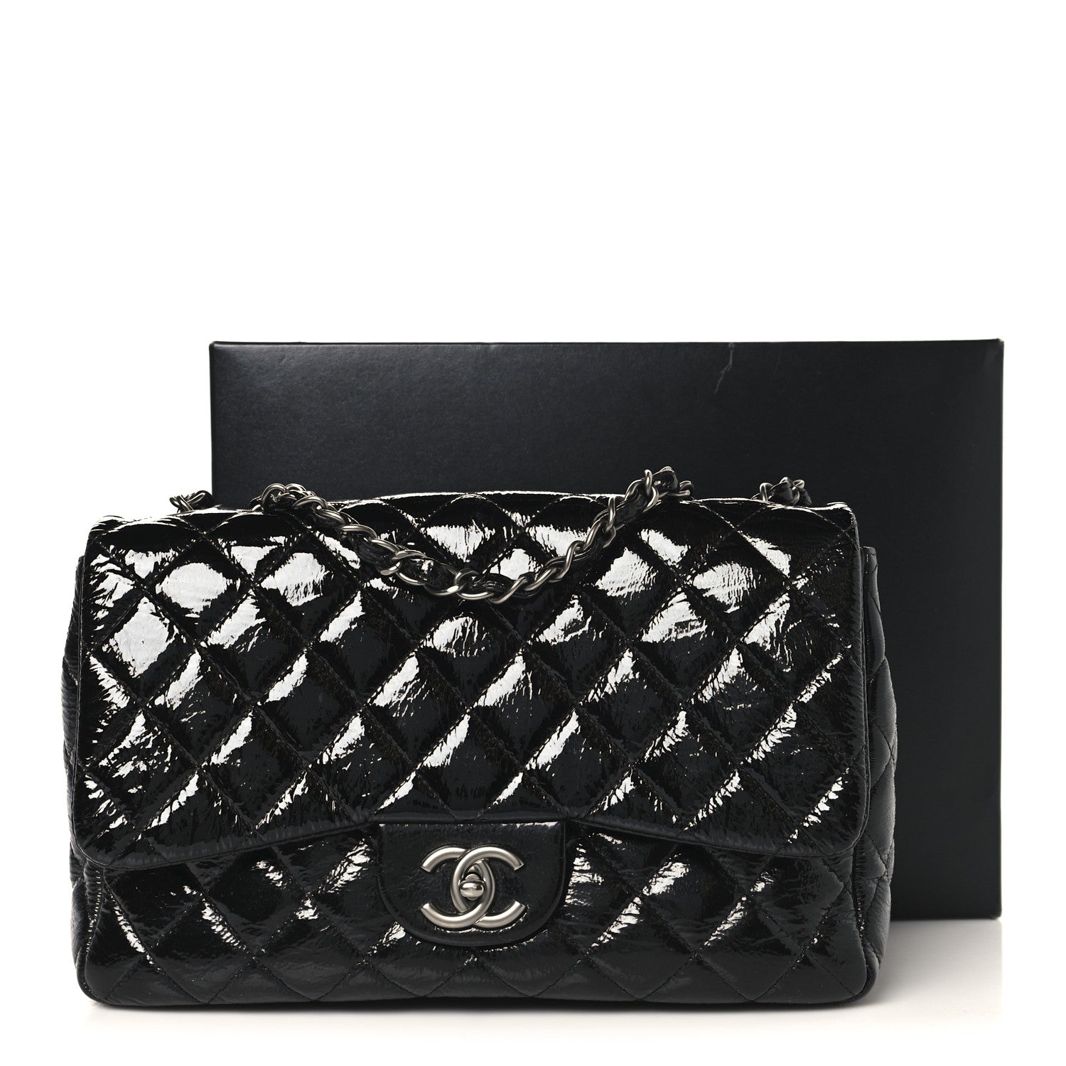 Chanel Crinkled Patent Quilted Jumbo Single Flap Black 1851657