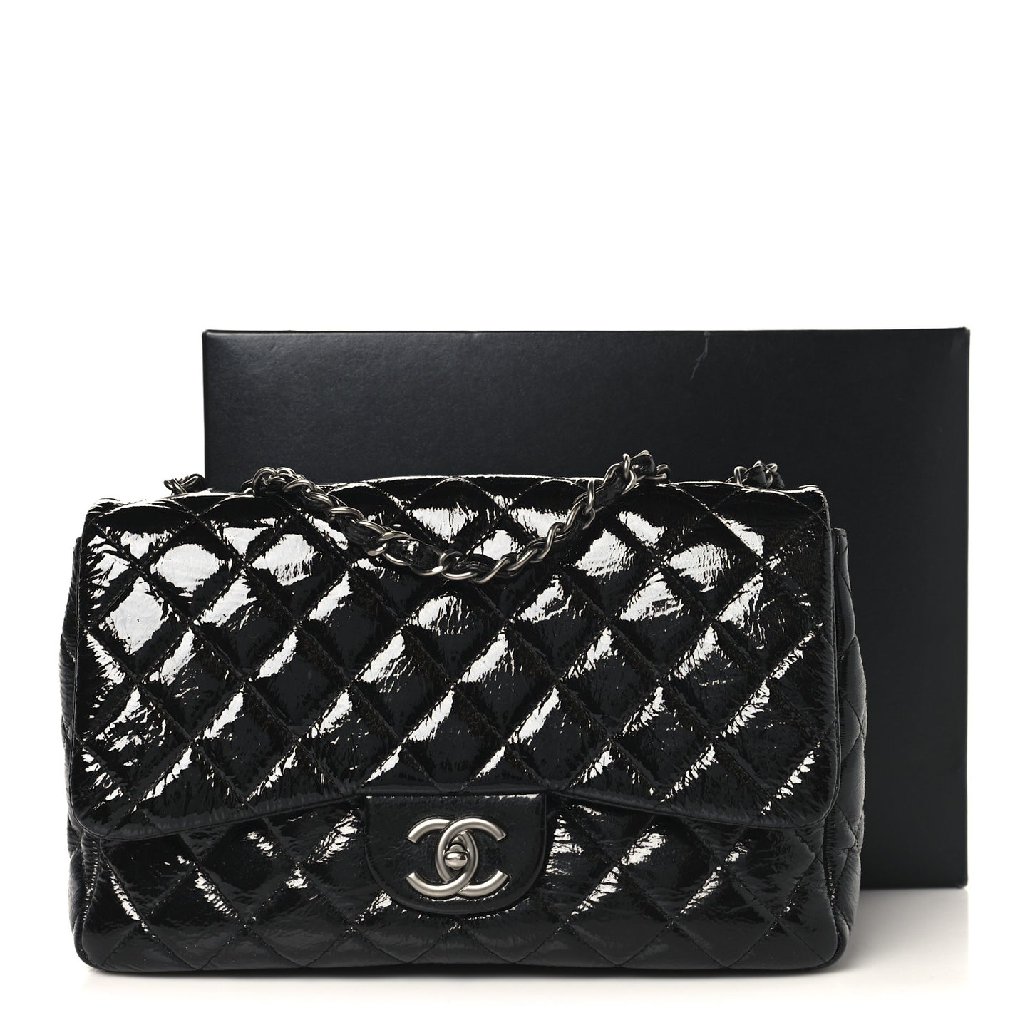 Crinkled Patent Quilted Jumbo Single Flap Black