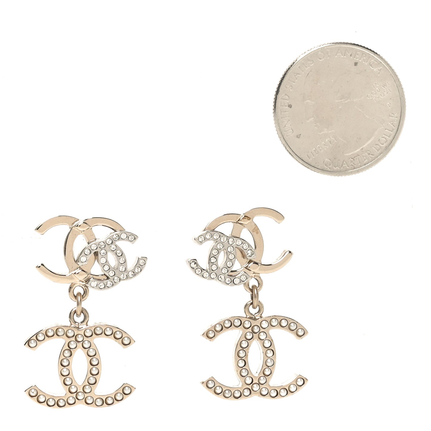 Crystal Pearl Double CC Drop Earrings Gold Silver