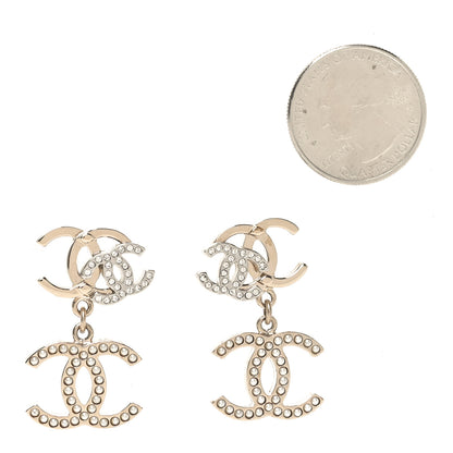 Chanel Crystal Pearl Double CC Drop Earrings Gold Silver 2 of 3
