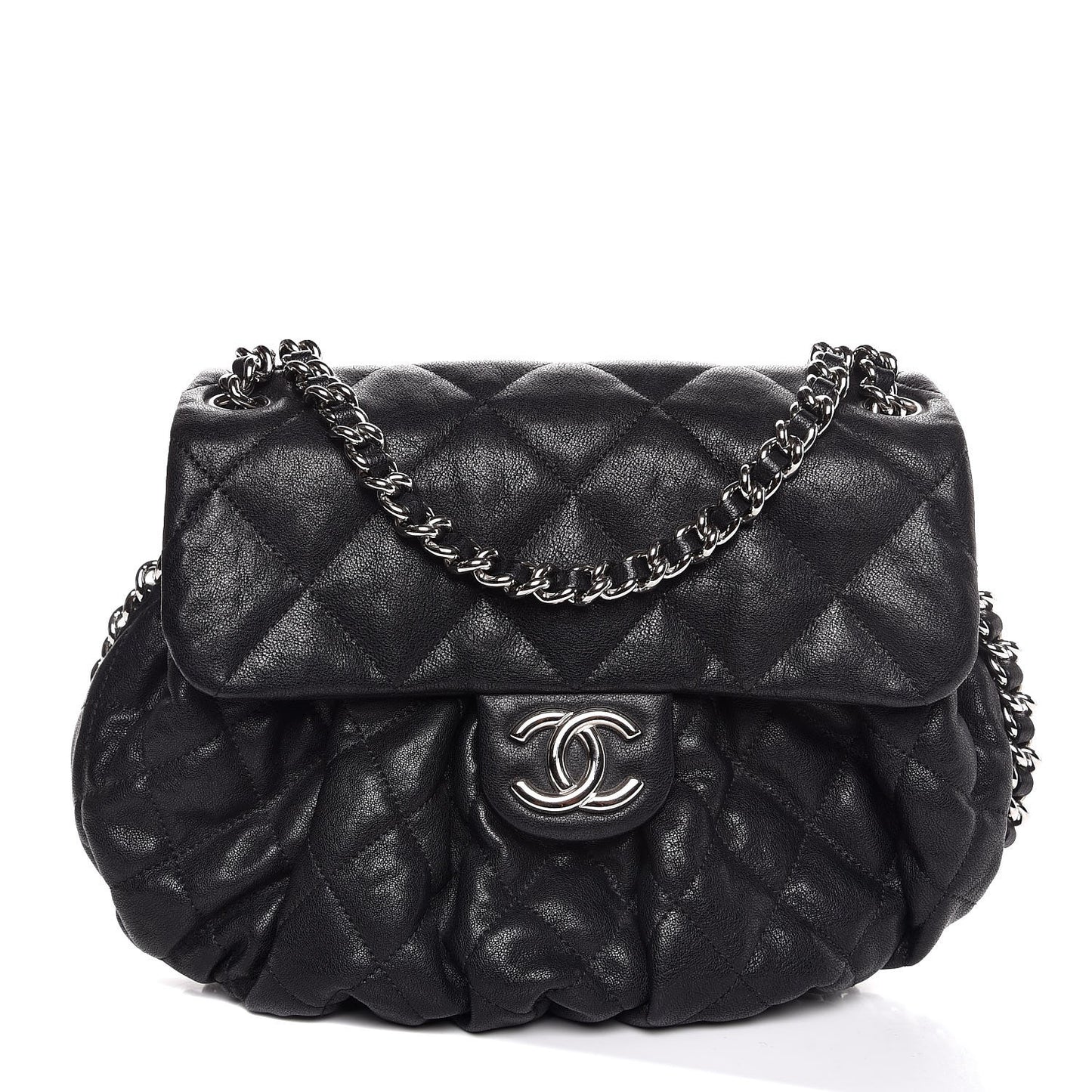 Washed Lambskin Quilted Medium Chain Around Messenger Black