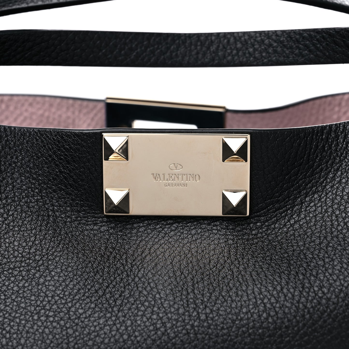 Grained Calfskin Small Rockstud Flip Lock Tote Black Rose Quartz