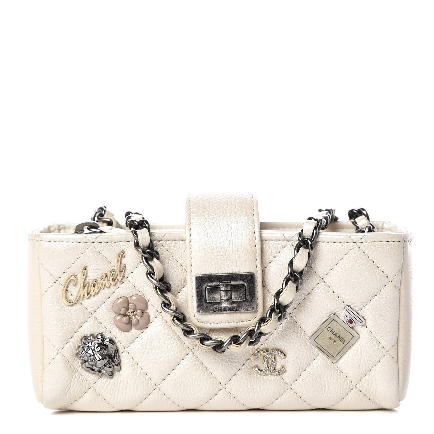 Metallic Calfskin Quilted Lucky Charms Mini Phone Holder Clutch Ivory