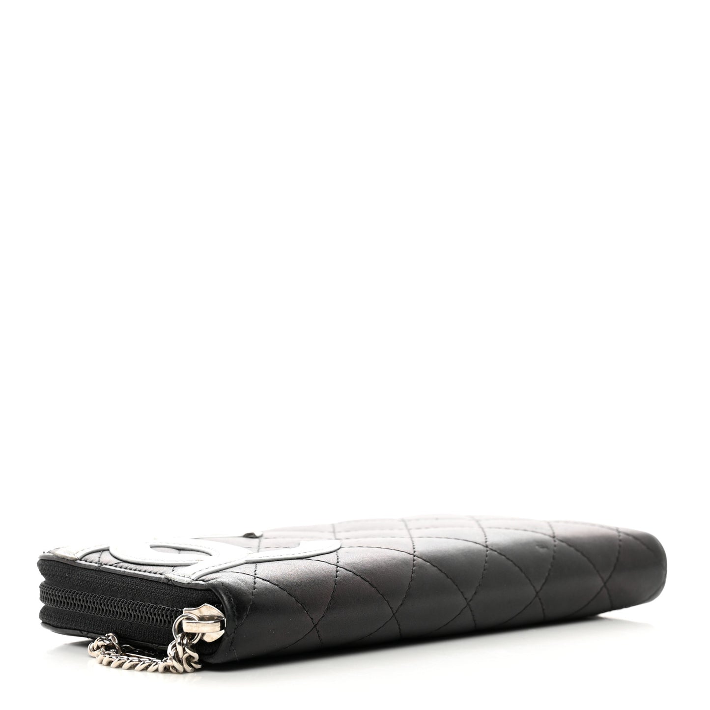 Calfskin Quilted Cambon Large Gusset Zip Around Wallet Black Silver