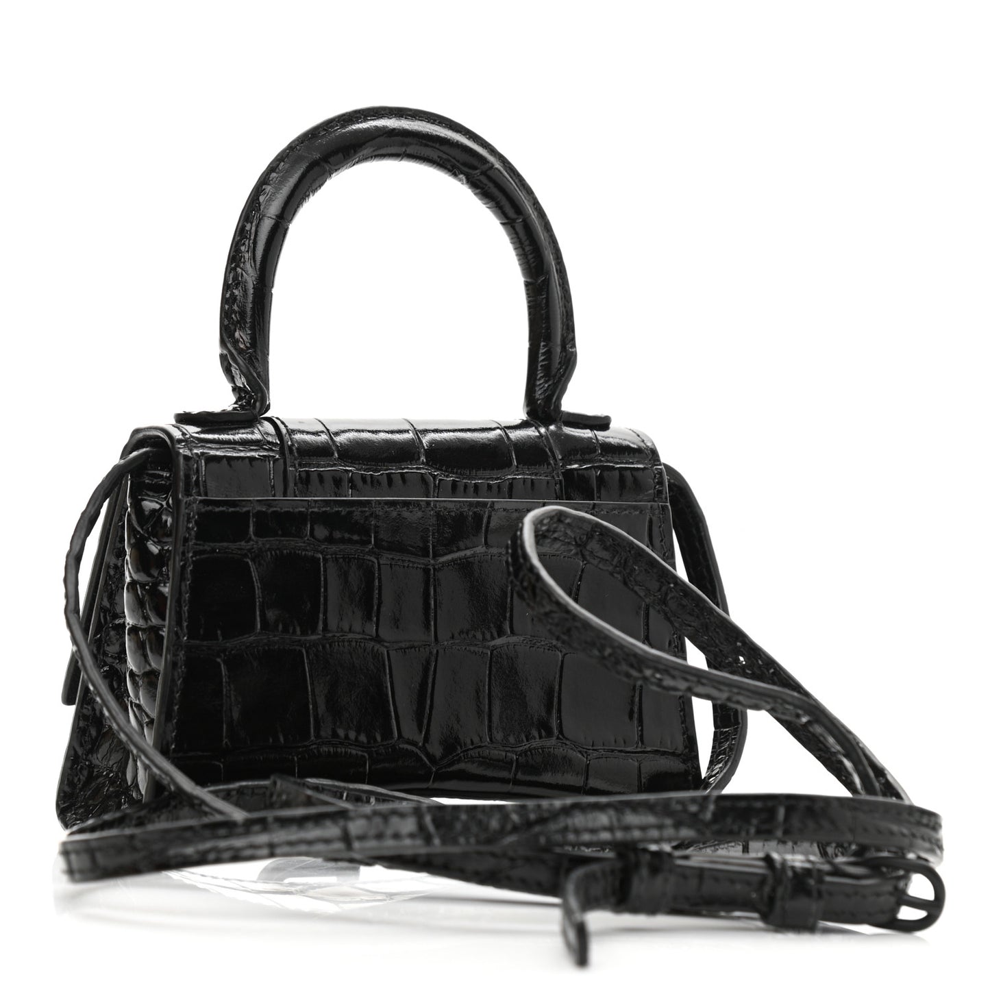 Shiny Calfskin Monochrome Crocodile Embossed Hourglass Top Handle Bag Mini Black