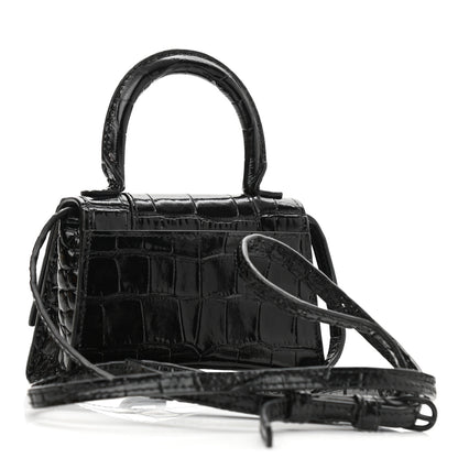 Balenciaga Shiny Calfskin Monochrome Crocodile Embossed Hourglass Top Handle Bag Mini Black 3 of 13