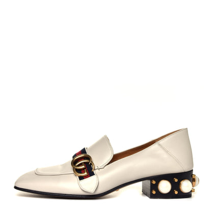 Gucci Betis Glamour Calfskin Web Pearl Embellished Peyton 35mm Loafer Pumps 39 Mystic White 1 of 14