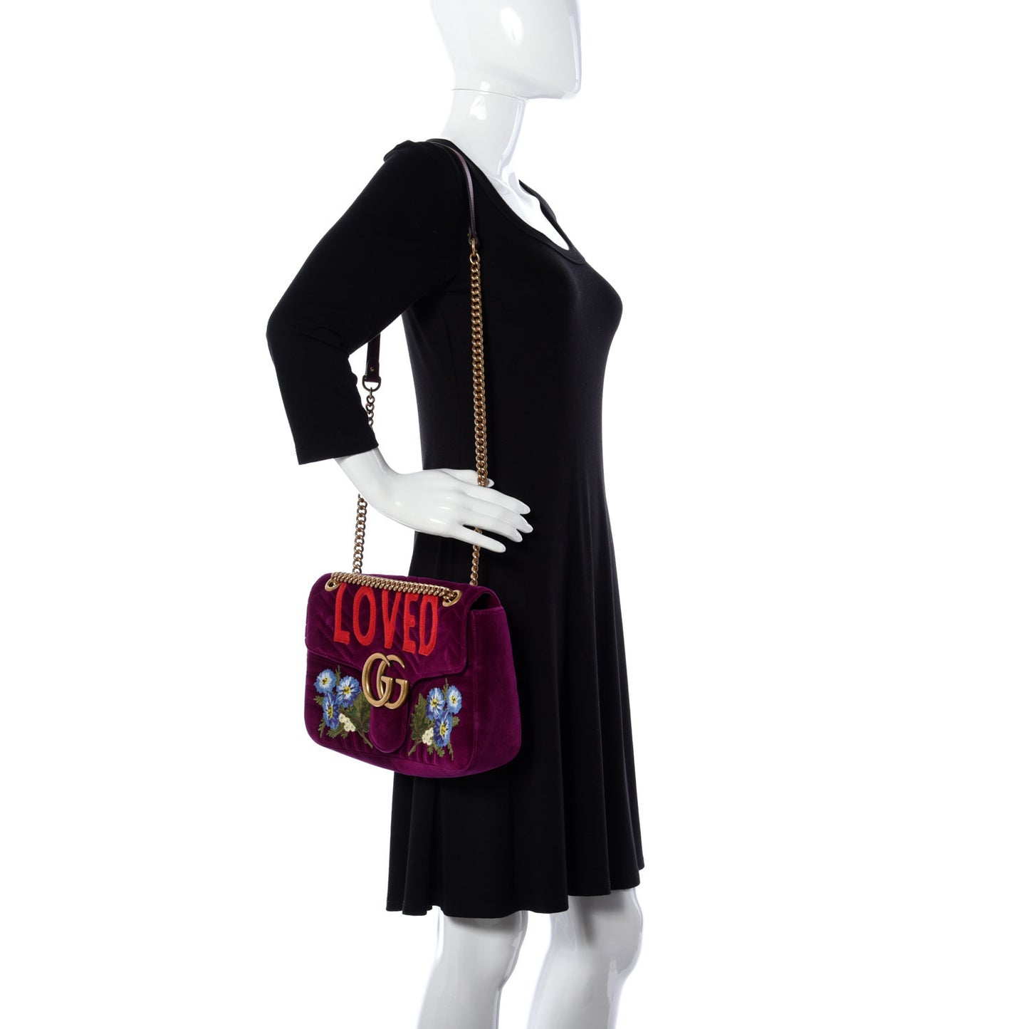 Velvet Matelasse Loved Embroidered Medium GG Marmont Shoulder Bag Fuchsia Violet Cyclamen