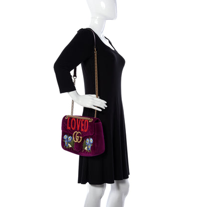 Gucci Velvet Matelasse Loved Embroidered Medium GG Marmont Shoulder Bag Fuchsia Violet Cyclamen 2 of 9