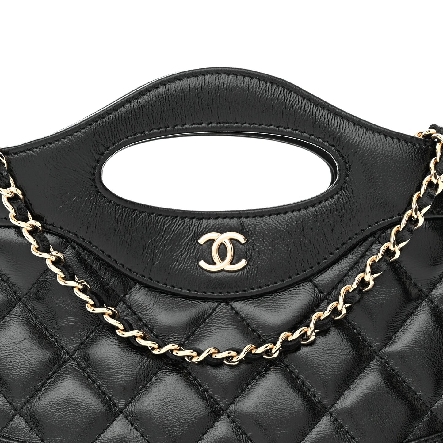 Shiny Crumpled Calfskin Quilted Nano 31 Shopping Bag Black
