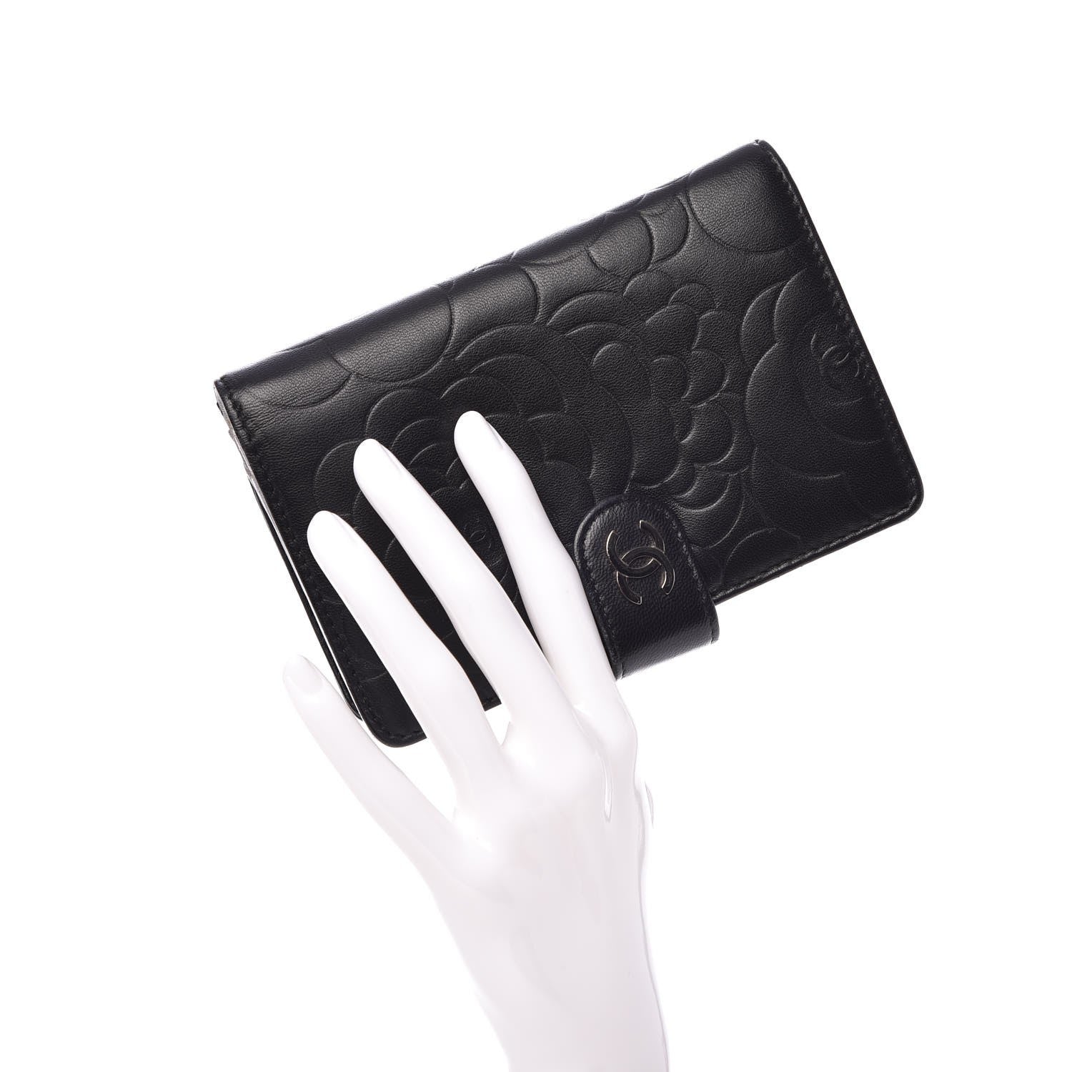 Chanel Lambskin Camellia Embossed Zipped Pocket Wallet Black 2 of 9