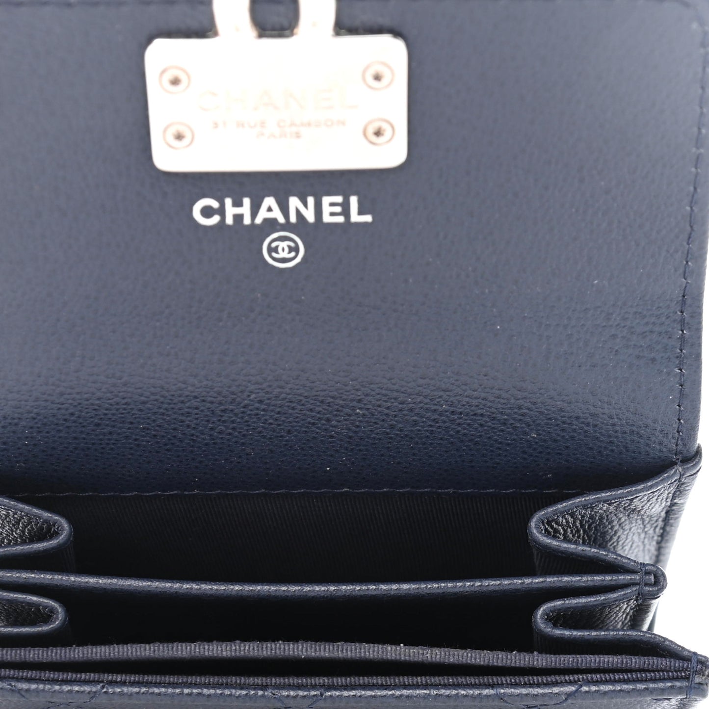 Grained Calfskin Quilted CC Box Compact Flap Wallet Blue