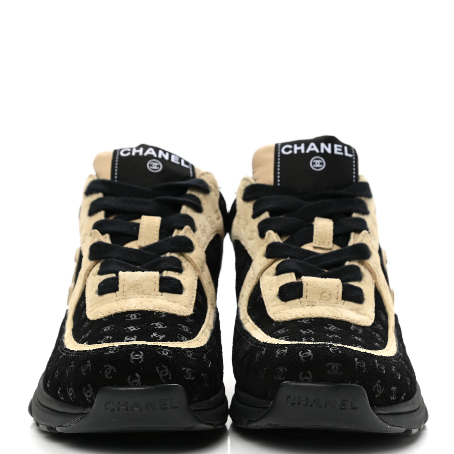 Suede Calfskin Printed Womens CC Printed Sneakers 36 Black Beige
