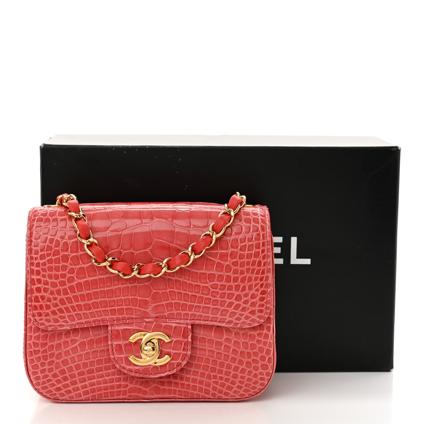 Shiny Alligator Mini Square Flap Pink