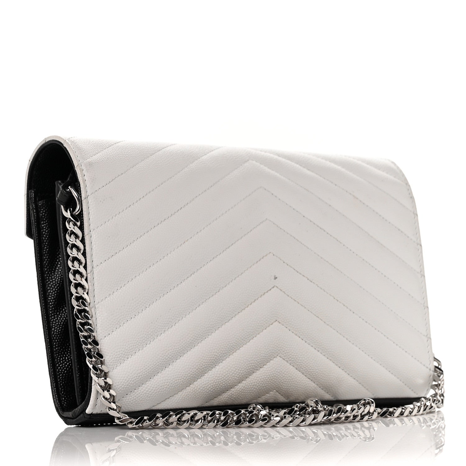 Saint Laurent Grain De Poudre Matelasse Chevron Bi-Color Monogram Chain Wallet White Black 3 of 10