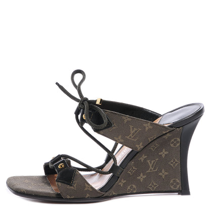 Louis Vuitton Mini Monogram Lace Up Wedge Sandals Kaki 39 1 of 8