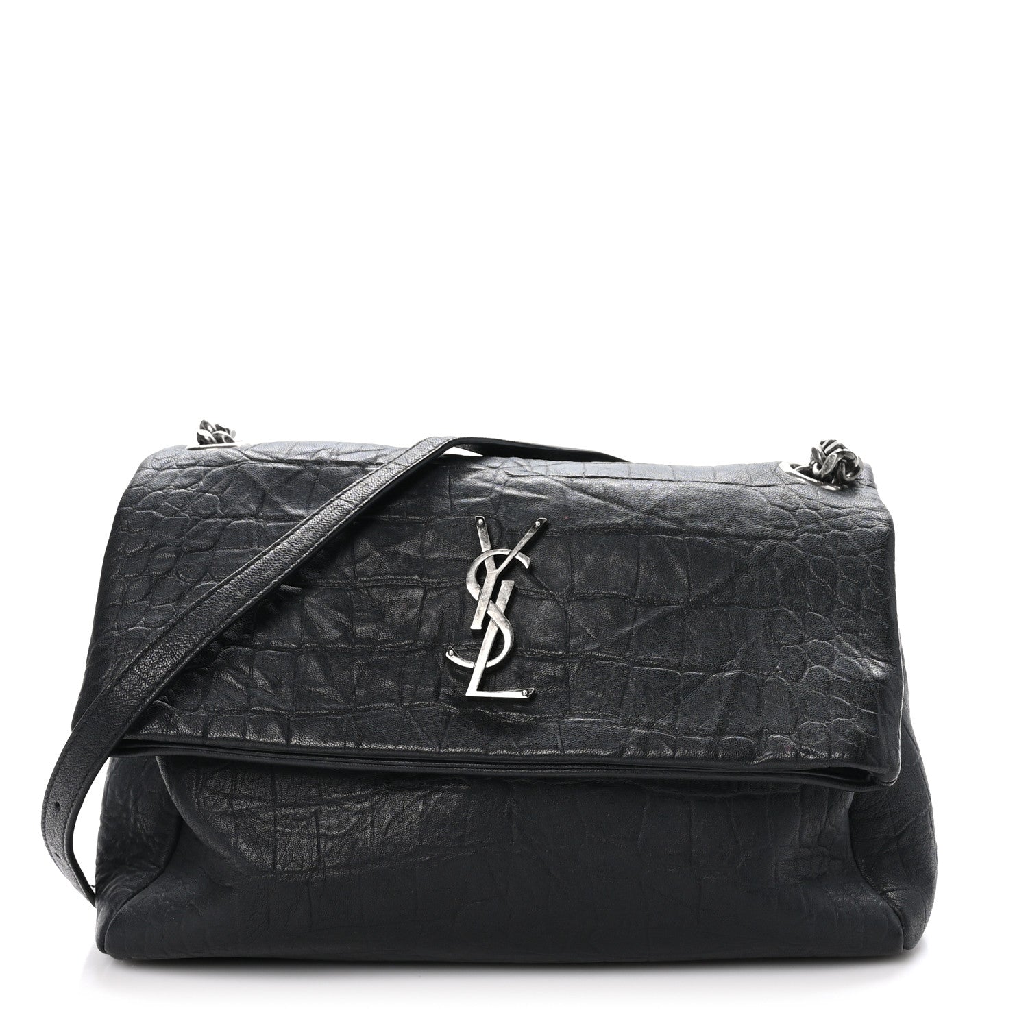 Saint Laurent Calfskin Crocodile Embossed Medium West Hollywood Monogram Fold-Over Grey 1 of 11