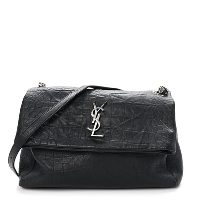 Saint Laurent Calfskin Crocodile Embossed Medium West Hollywood Monogram Fold-Over Grey 1 of 11