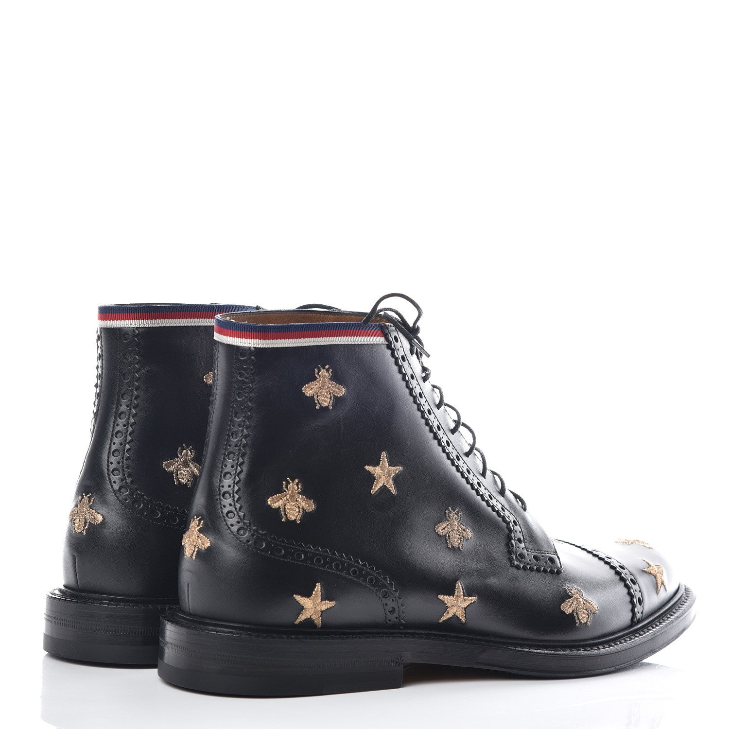 Gucci Calfskin Sylvie Web Bee Star Embroidered Mens Brogue Captoe Boots 8 Black 4 of 9