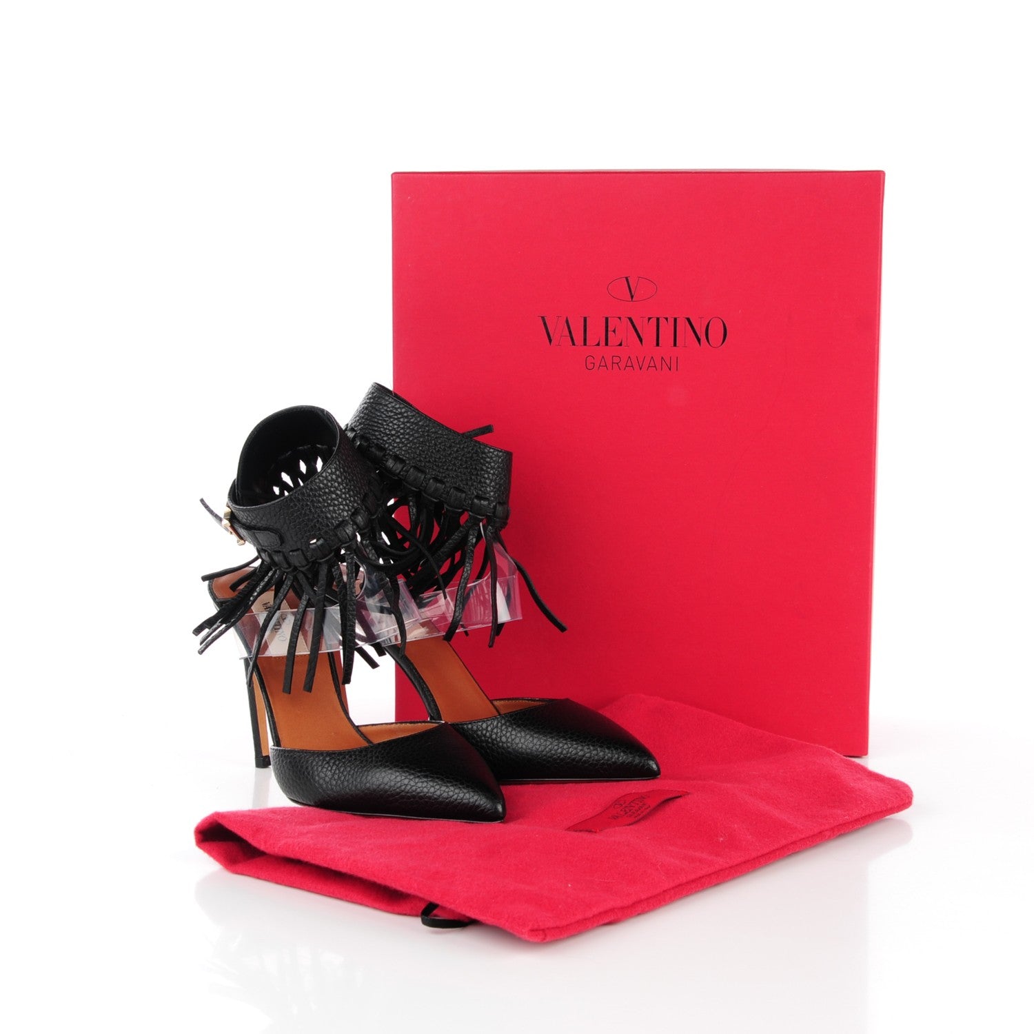 Valentino Garavani Grained Calfskin Fringe Illusion Ankle Wrap Pumps 36 Black 9 of 9