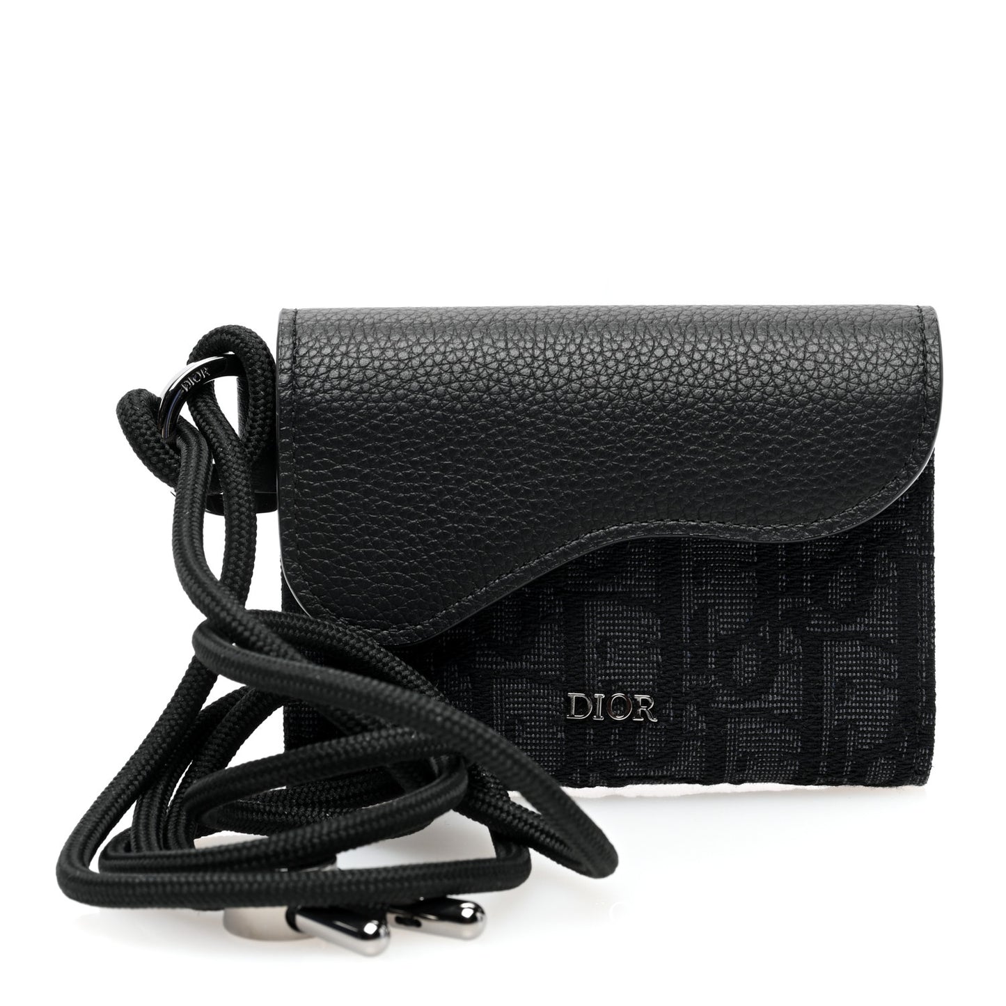 Oblique Jacquard Grained Calfskin Saddle Card Holder On Strap Black