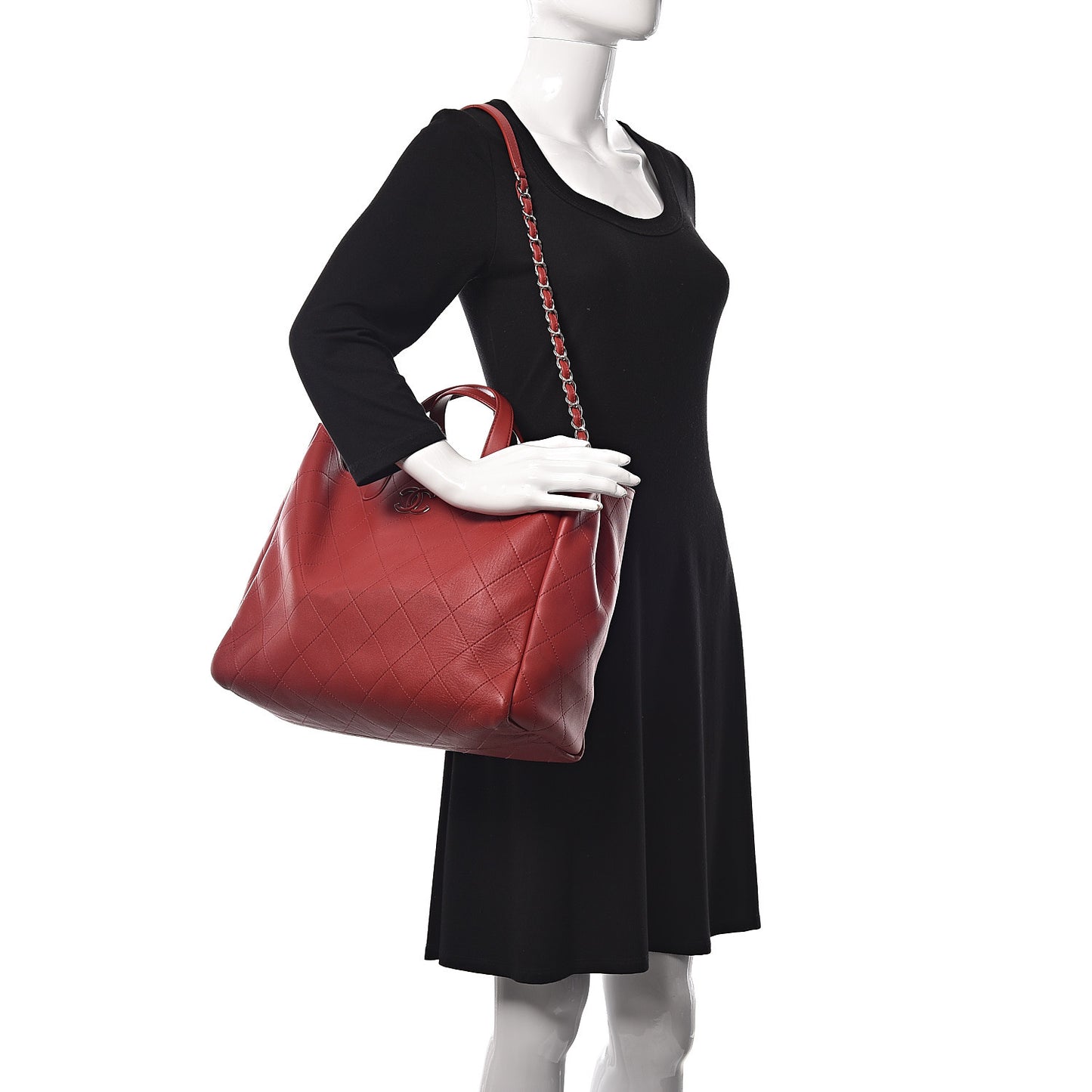 Lambskin Stitched Large Shopping Tote Red