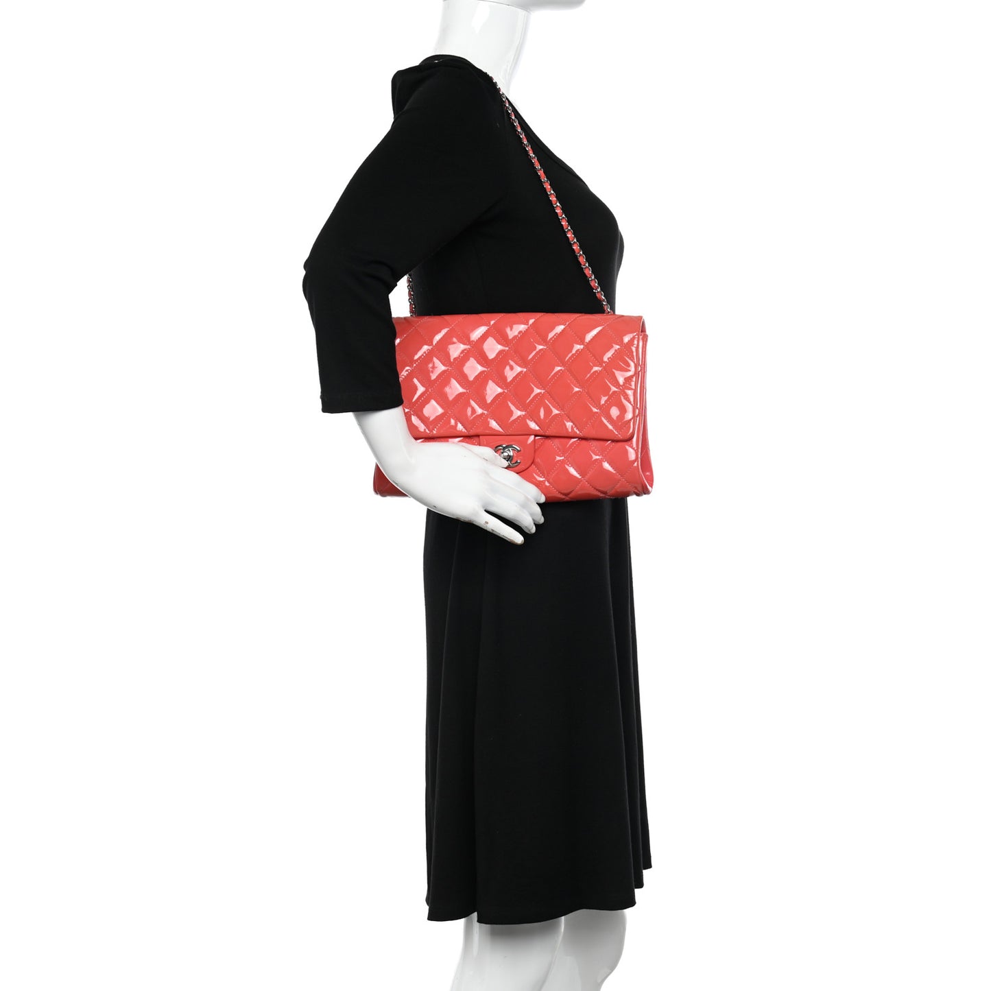 Patent Quilted Clutch with Chain Flap Fuchsia