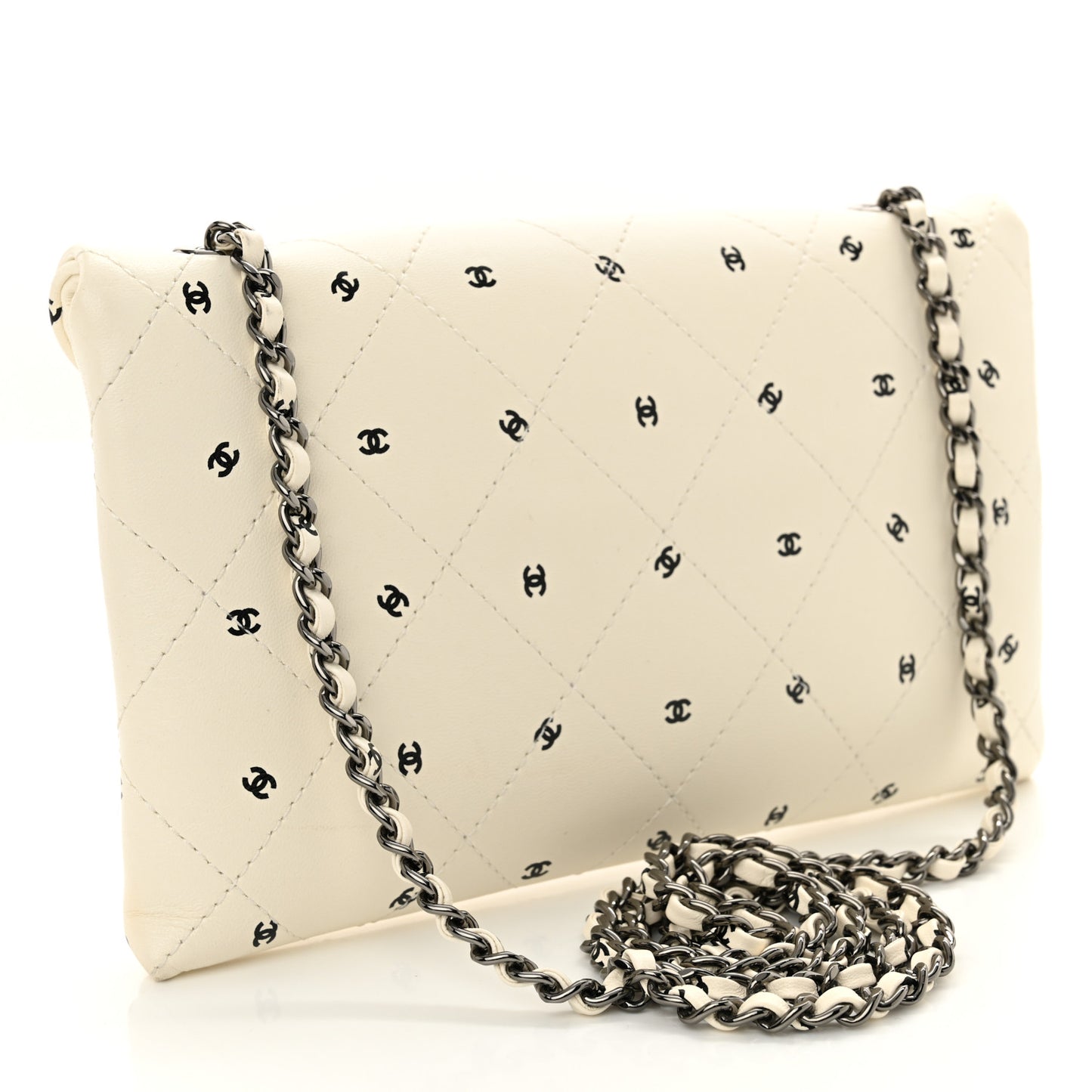 Printed Lambskin Logo CC Envelope Clutch With Chain White