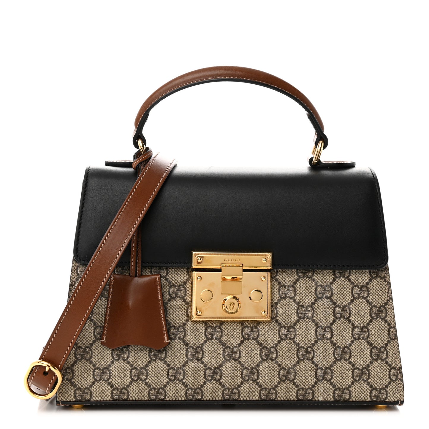 GG Supreme Monogram Calfskin Small Padlock Top Handle Bag Beige Black Cuir
