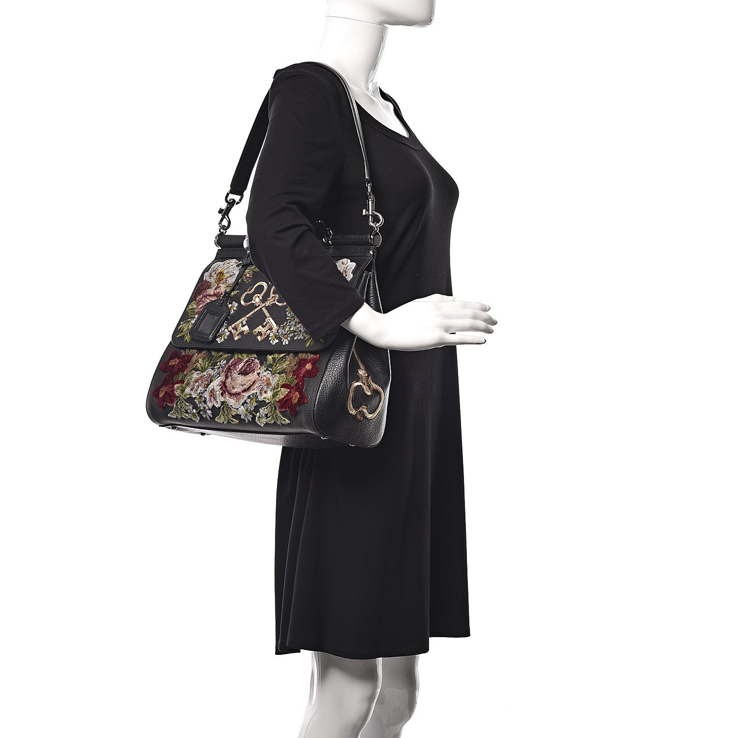 Dolce & Gabbana Calfskin Embroidered Keys Large Miss Sicily Satchel Black 2 of 10