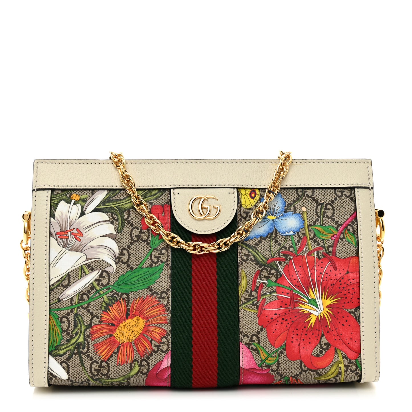 GG Supreme Monogram Flora Web Small Ophidia Chain Shoulder Bag White