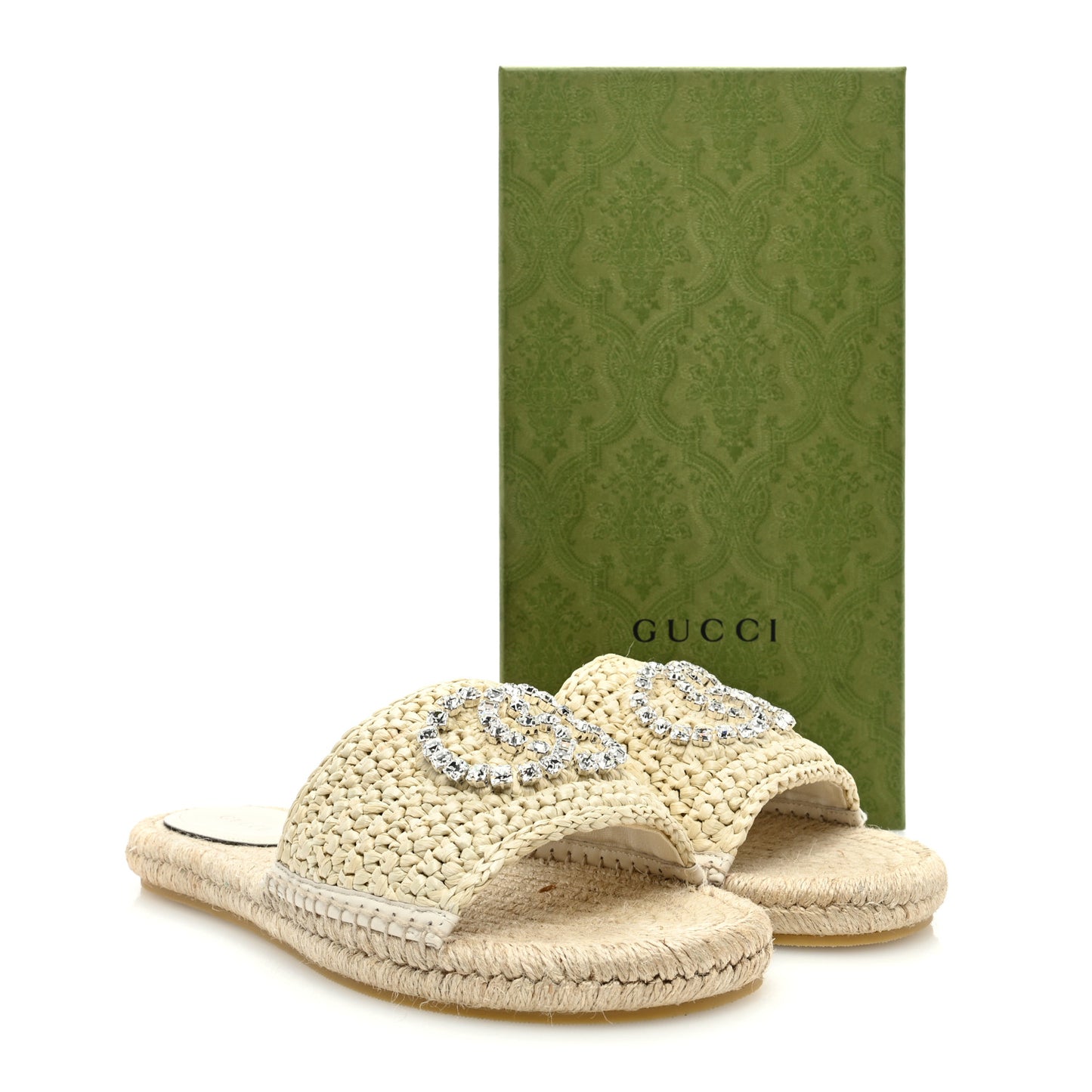 Raffia Interlocking G Flat Slide Espadrille Sandals 40 White