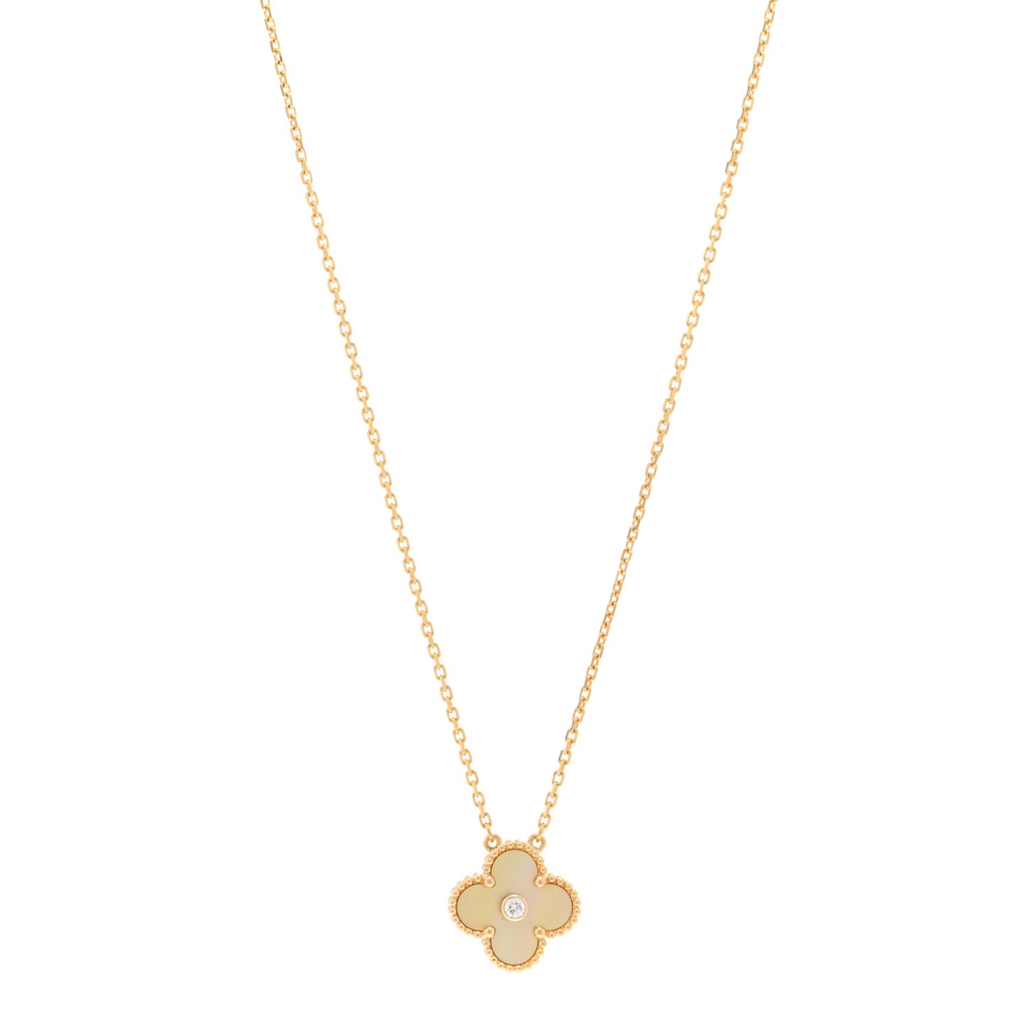 18K Yellow Gold Diamond Yellow Mother of Pearl Vintage Alhambra Pendant Necklace