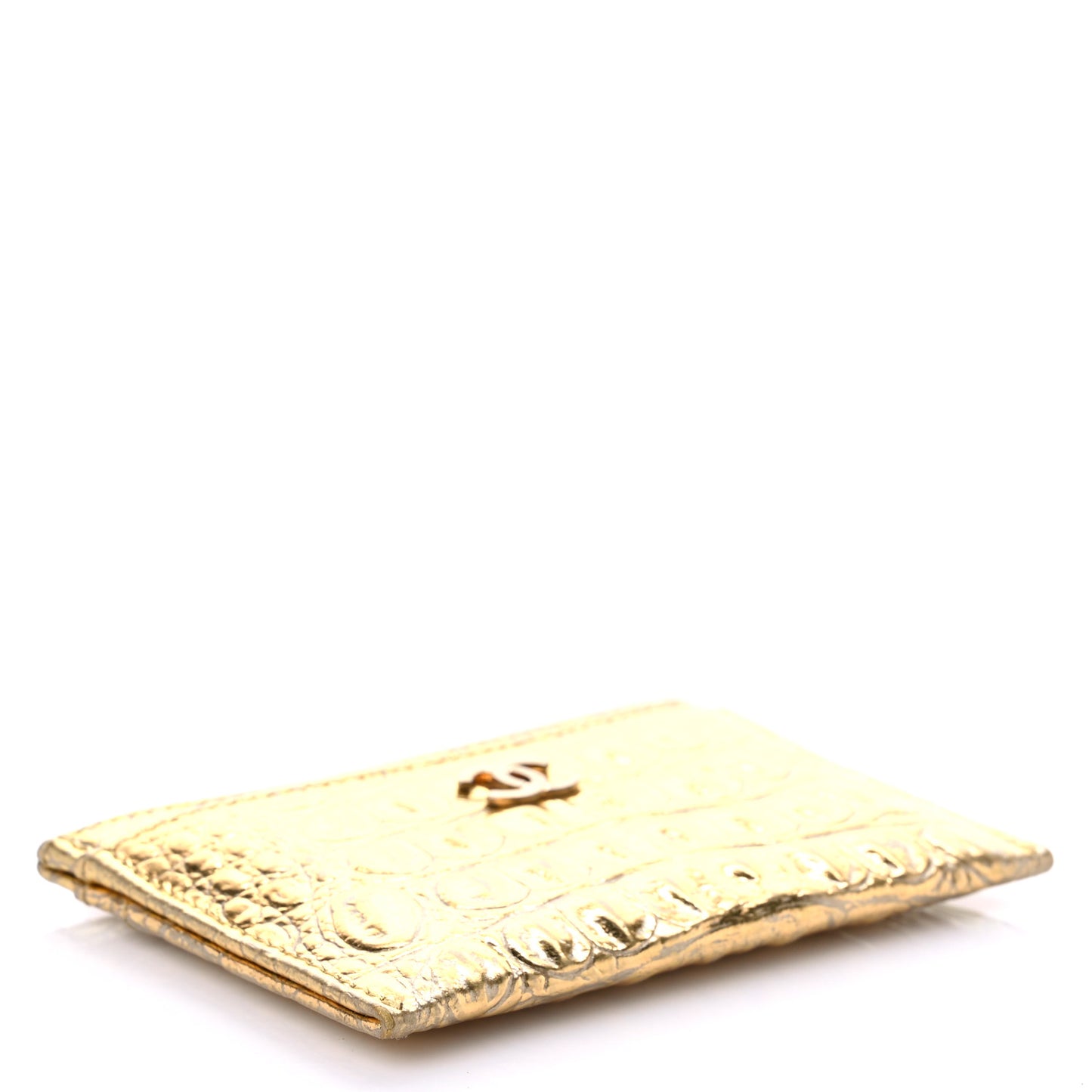 Metallic Calfskin Crocodile Embossed Cocodile Card Holder Gold