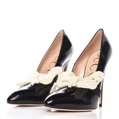 Gucci Polished Calfskin Removable Pearly Bow Elaisa Platform High Heel Pumps 36.5 Black 5 of 13