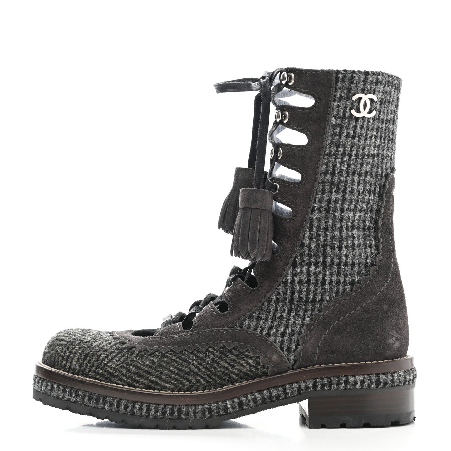 Tweed Suede Lace Up Boots 35.5 Brown