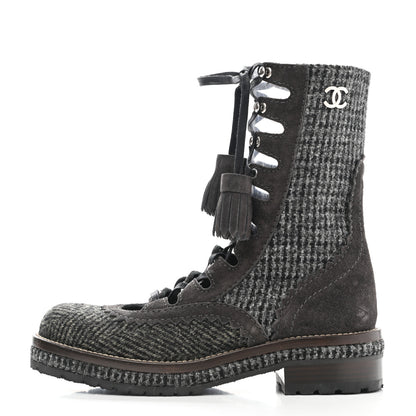 Chanel Tweed Suede Lace Up Boots 35.5 Brown 1 of 8
