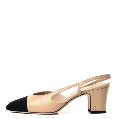 Chanel Goatskin Grosgrain Cap Toe CC Slingback Pumps 38 Beige Black 1 of 10