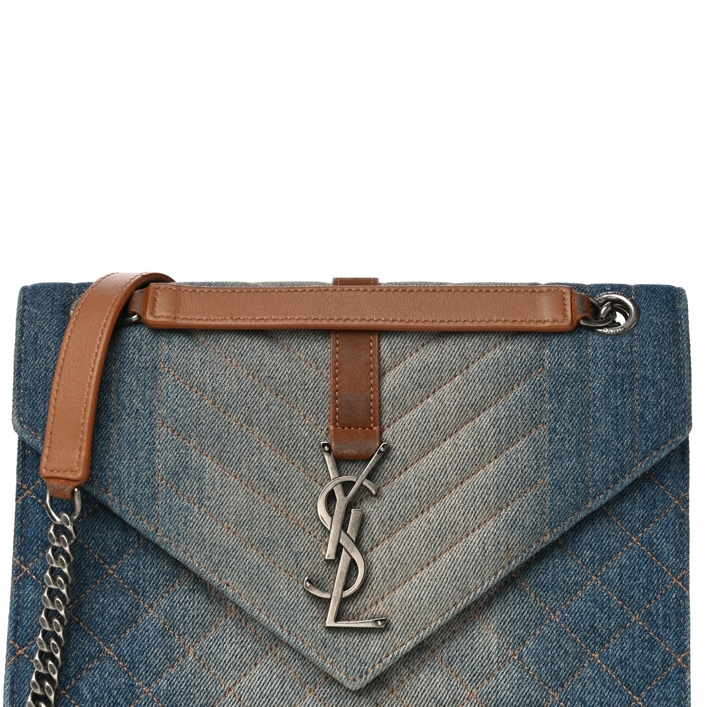 Denim Mixed Matelasse Triquilt Medium Monogram Envelope Satchel Blue