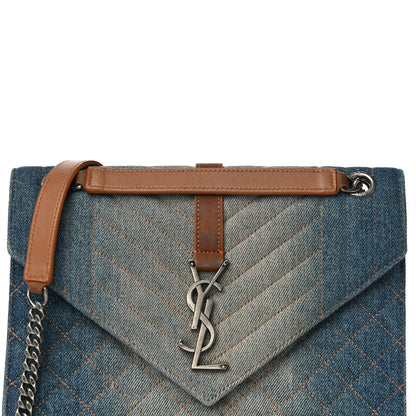 Saint Laurent Denim Mixed Matelasse Triquilt Medium Monogram Envelope Satchel Blue 6 of 15