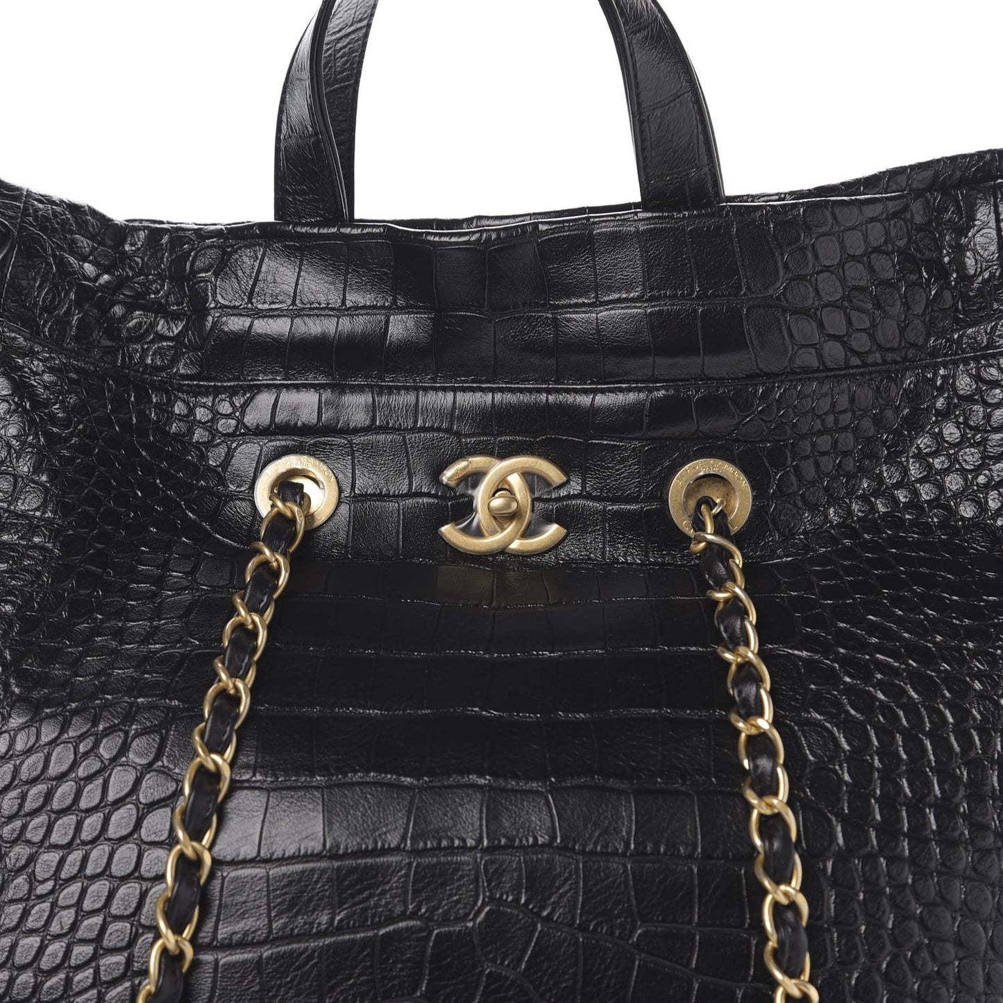 Calfskin Crocodile Embossed Large Cocodile Shopping Tote Black