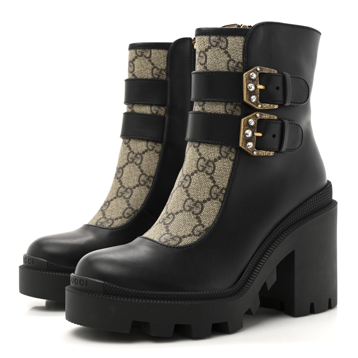 Kensington Calfskin Nappa GG Supreme Monogram Womens Double Buckle Ankle Boots 35 Black