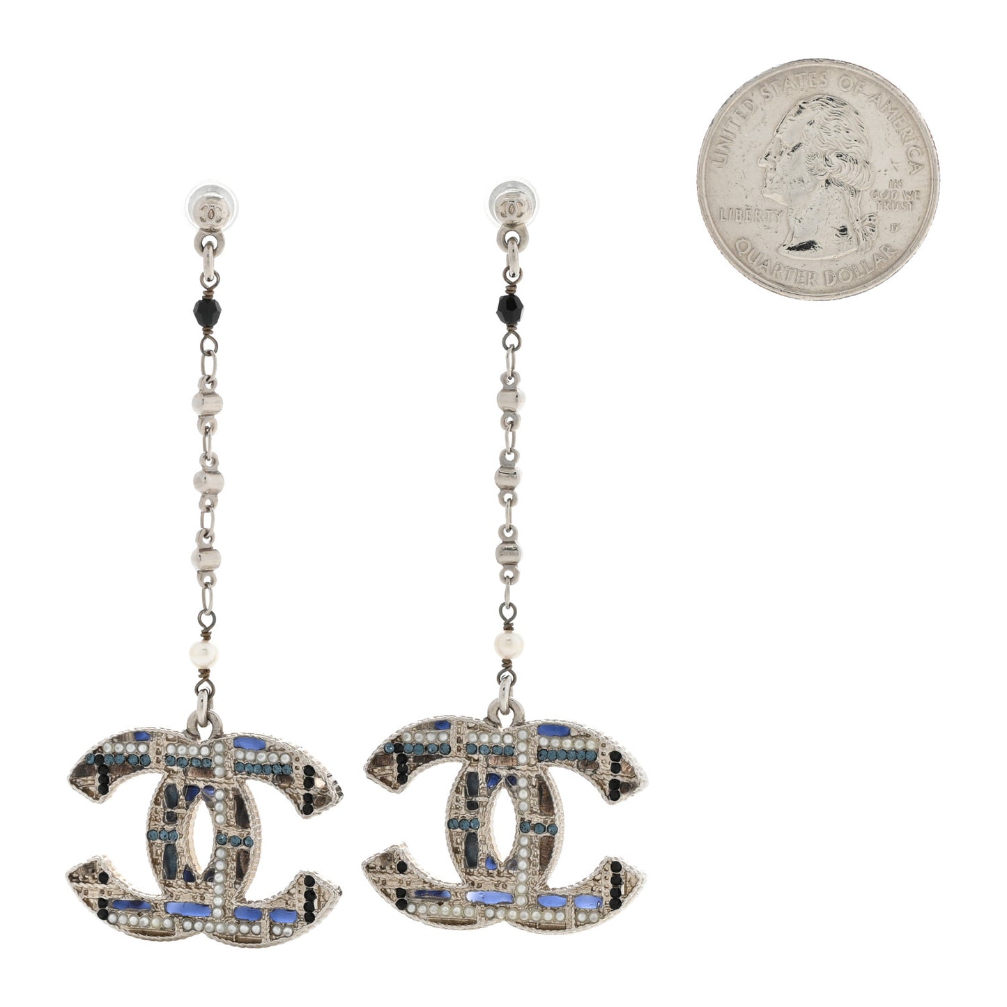 Pearl Crystal CC Tweed Drop Earrings Silver Blue Black