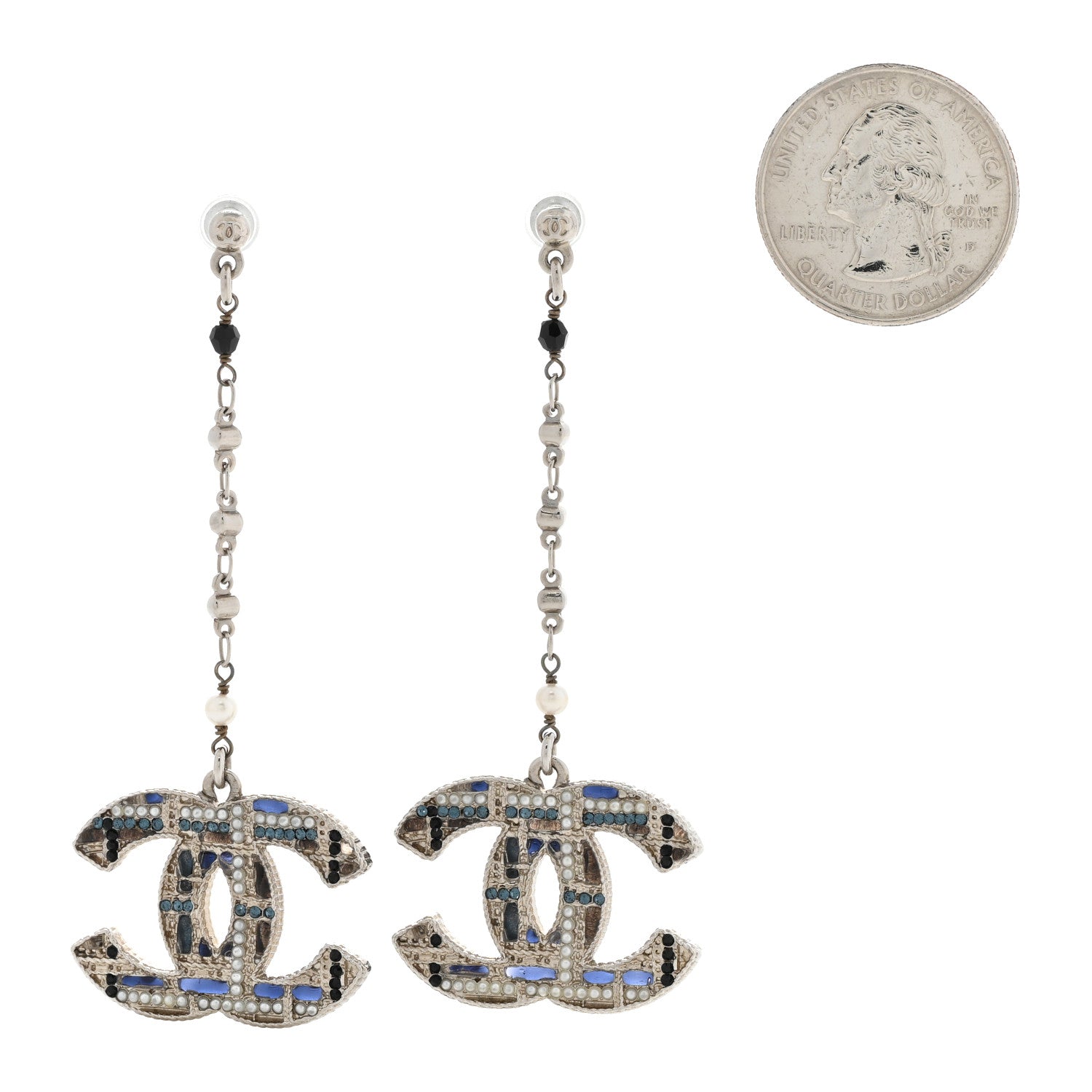 Chanel Pearl Crystal CC Tweed Drop Earrings Silver Blue Black 2 of 5