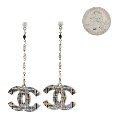 Chanel Pearl Crystal CC Tweed Drop Earrings Silver Blue Black 2 of 5