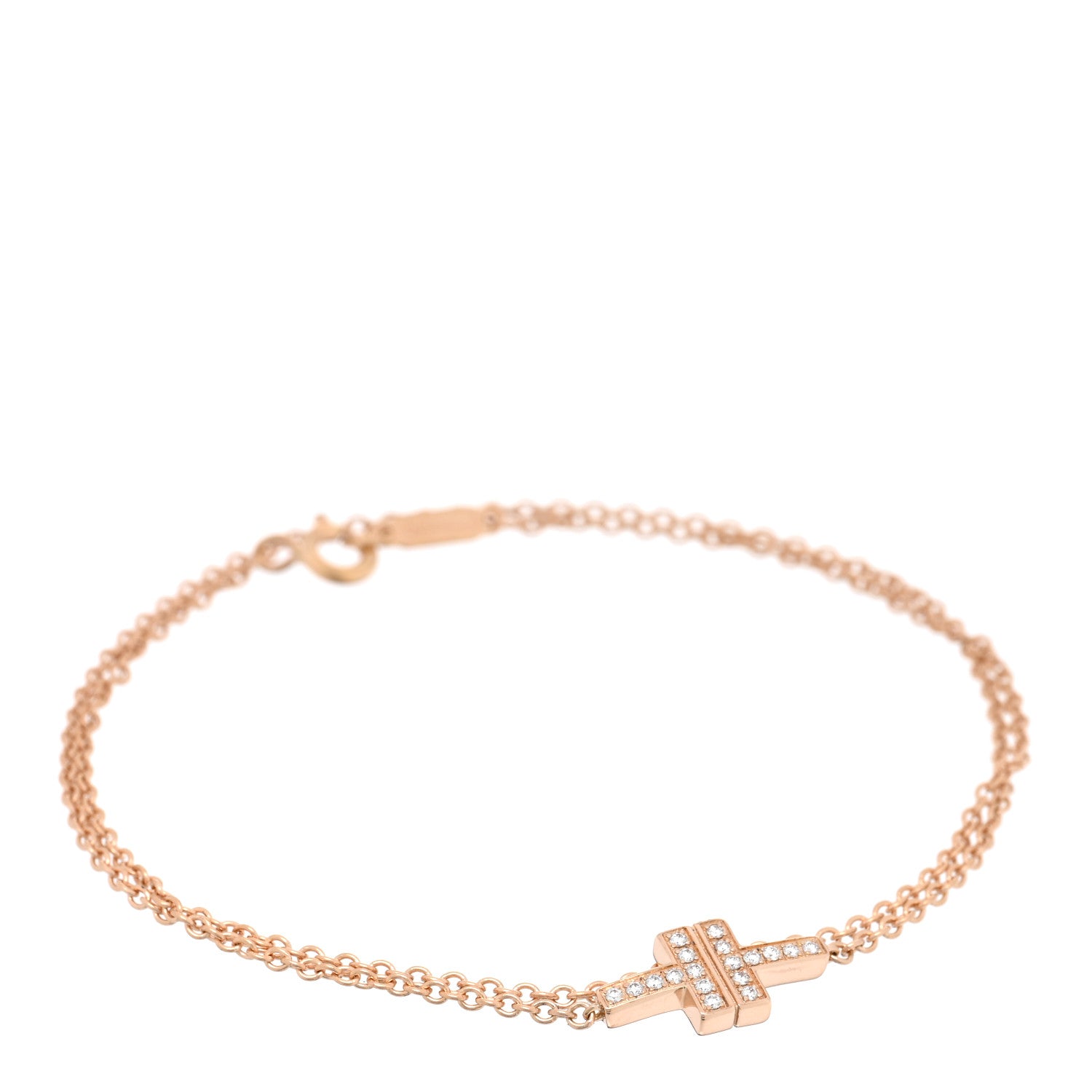 Tiffany 18K Rose Gold Diamond T Double Chain Bracelet 1 of 3